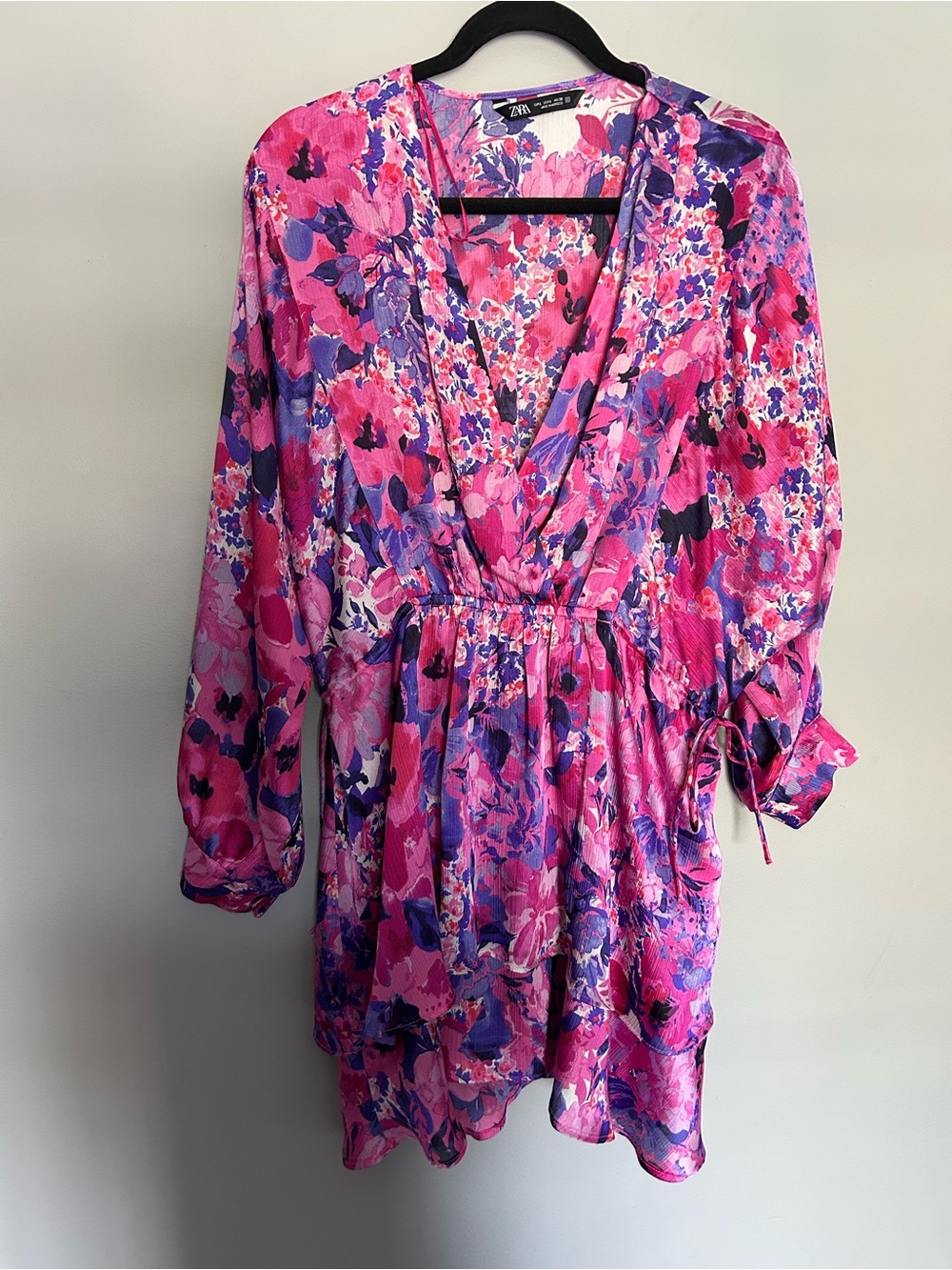 Zara Pink and Purple Floral V-Neck Dress with long sleeves+sides adjustable ties